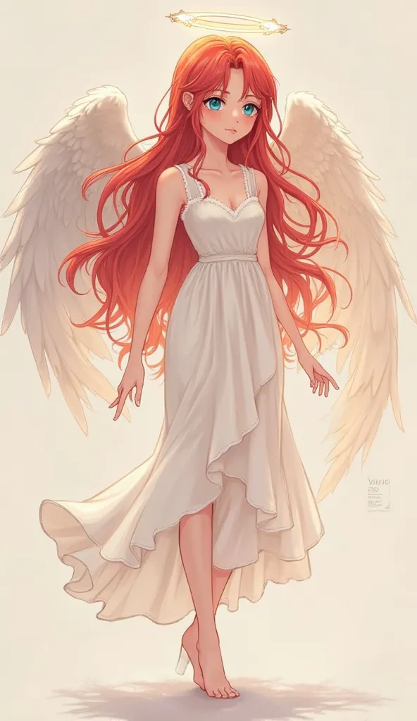 cute female angel，2D Anime Character Edition，long red hair，bright blue eyes，Adult Full Body Figure，The mouth is very small，Super fair skin，The expression is super shy