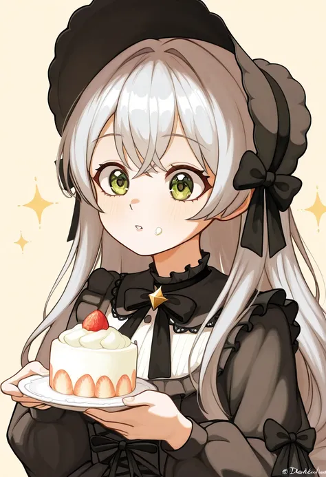 A delicate anime-style portrait of a young girl with large, expressive grayish-green eyes and soft, wavy silver hair. She has a gentle, slightly surprised expression, her lips slightly parted. She wears a vintage-inspired gothic Lolita outfit, featuring a ...