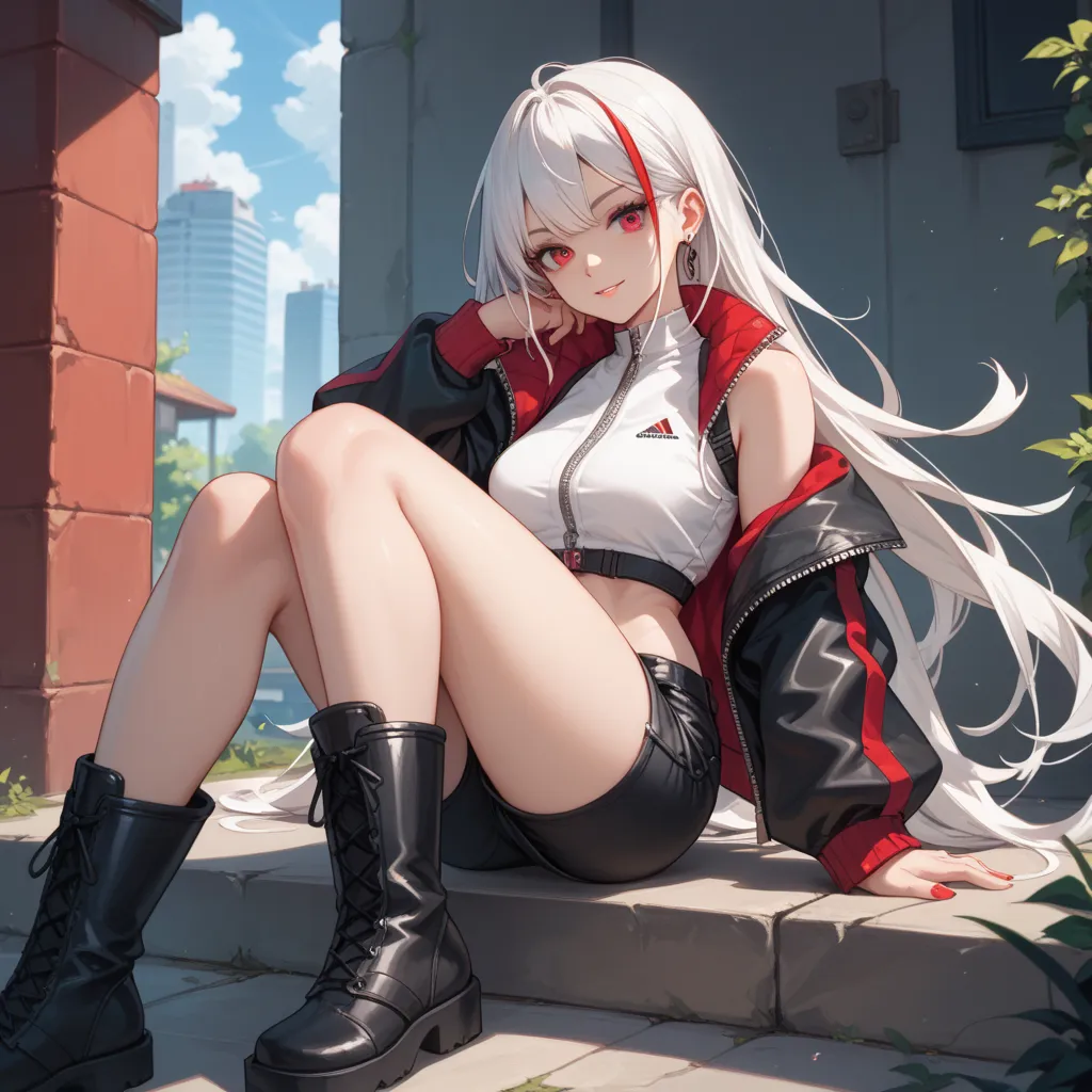 A young tall woman with long white hair, her left eye is red and her right eye is gray. She has athletic build. She is wearing black unzipped jacket with white trims and highlights, a white Sleeveless Croptop Shirt with black edges, black shorts and black ...