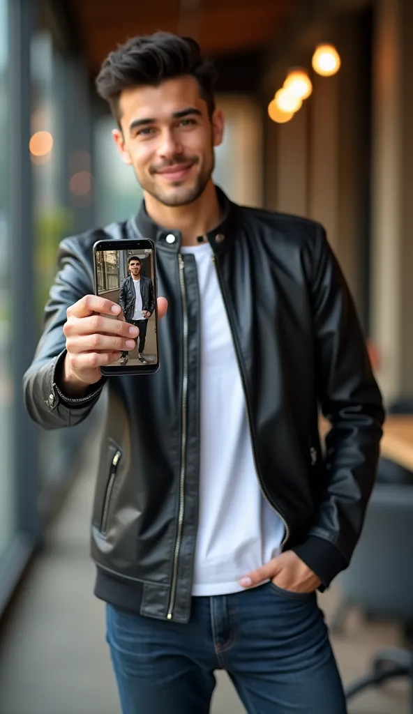 A 20-year-old young man with a stylish and premium fashion look, wearing a well-fitted modern outfit (such as a sleek black leather jacket, a white t-shirt, and slim-fit jeans), standing confidently in front of the camera. He holds a smartphone in his hand...