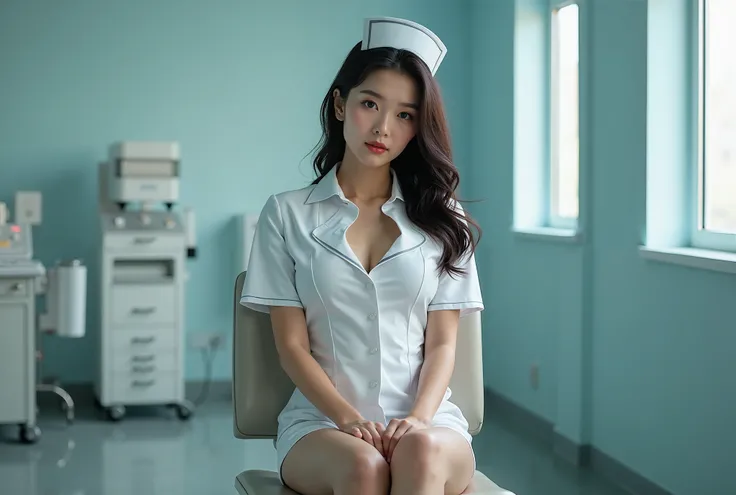 Photo,solo beatiful korean woman,nurse,wearling leotard,stockings,large breast,examination room,sitting on chair with crossed legs,full body