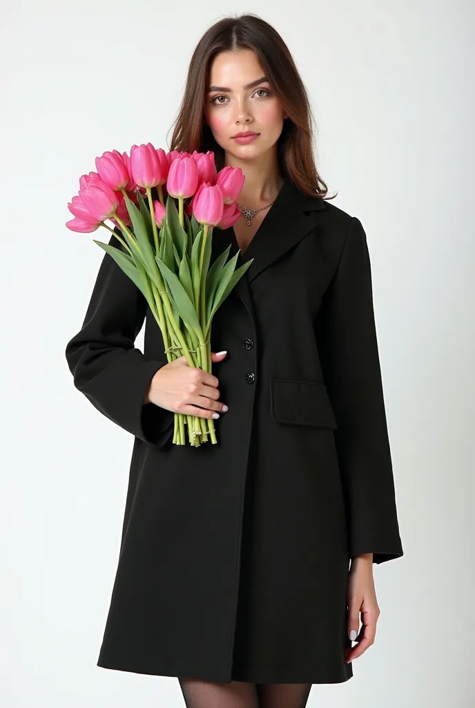 Professional photo shoot in a photo studio on a white background, prof light, perfect skin detail, light transmission, girl with a large lush bouquet of pink tulips in her hands, Darling,  feminine pose, dressed in a long black jacket with big shoulders, e...