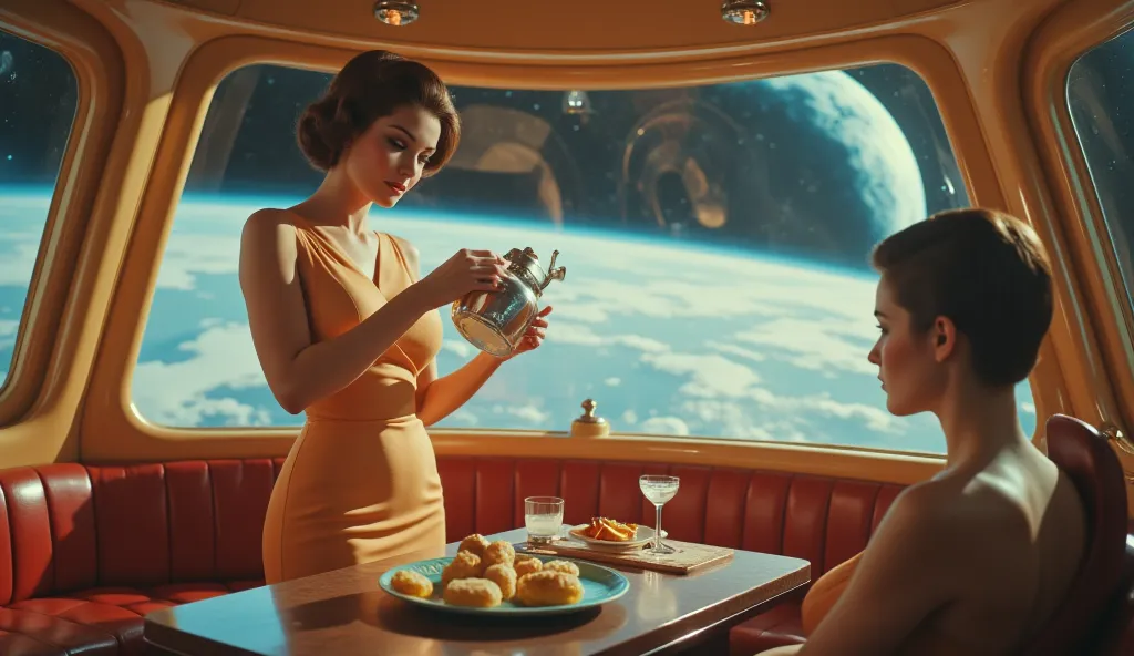 Inside an ultra-luxurious retro-futuristic spacecraft, a poised stewardess pours a glowing, iridescent cocktail for a VIP passenger. The walls are lined with curved, golden panels, and large windows reveal a breathtaking view of the planet below. Soft jazz...