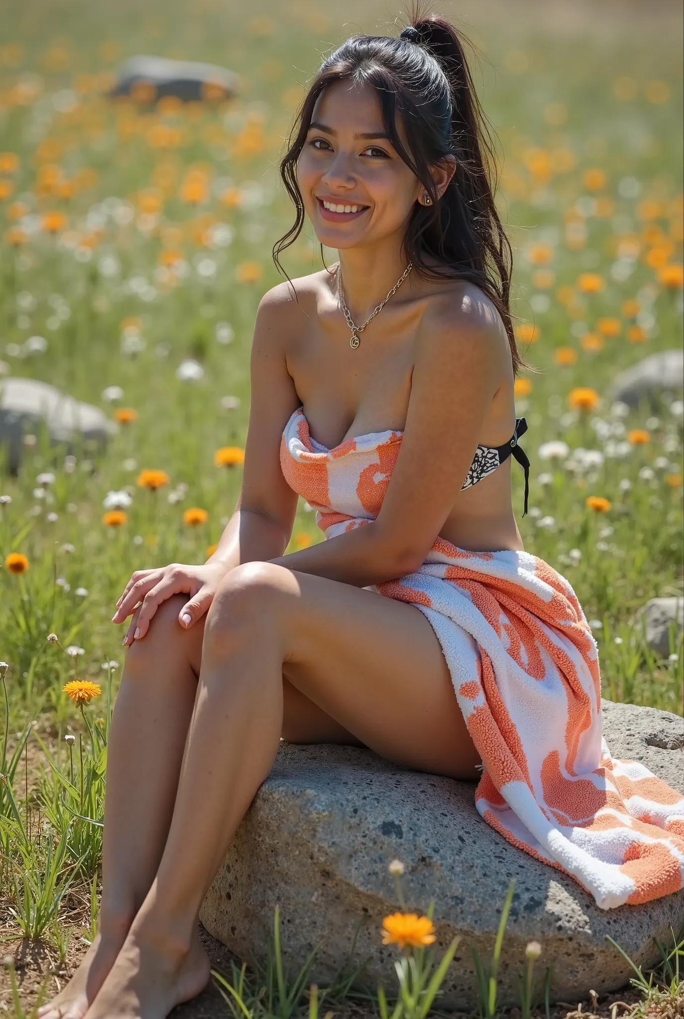 A Spanish girl with an attractive body and small breasts sits on a large transparent rock, with his legs, pressed against him.   she smiles.. She is covered in a painted towel, from under which you can see her bare breasts. They are hard, with nipples, sti...