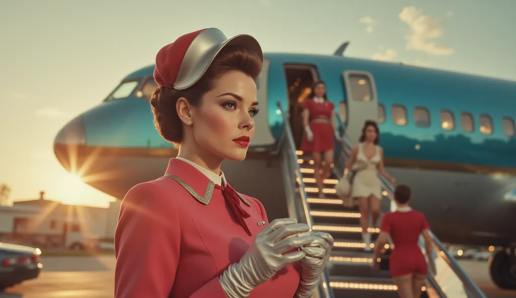 A bold, confident stewardess stands in front of a vintage-styled futuristic aircraft, her uniform glistening under the setting sun. She adjusts her sleek, holographic gloves while passengers in stylish 1950s-inspired outfits walk up the glowing boarding st...