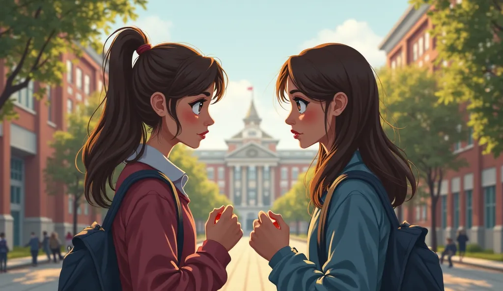 Two women talking, worried face, school campus context