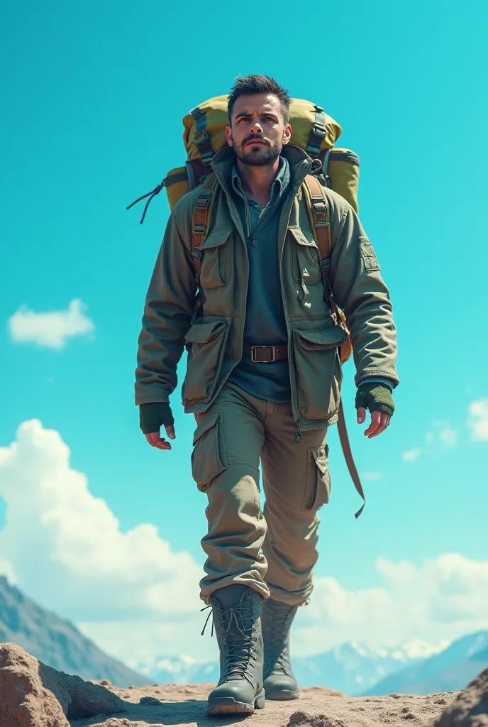 A man wears clothes for a travel adventure，carrying a backpack on a blue background