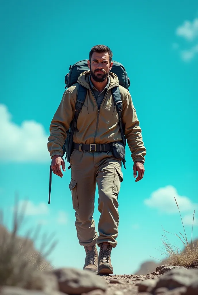 A man wears clothes for a travel adventure，carrying a backpack on a blue background