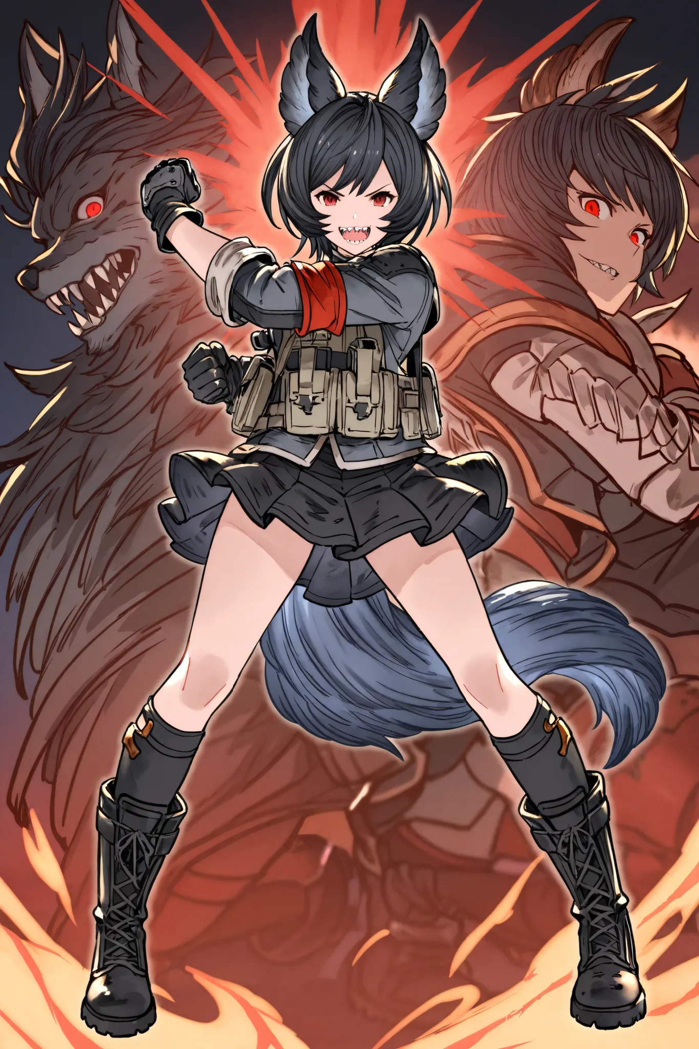 Black Hair, Red Eyes, Wolf Cut Hairstyle, Short Hair, Grey Tactical Jacket, Sharp eyes, Black Skirt, Thigh Highs socks, Combat boots,Tactical Gloves, Red Armband on right arm, Sharp Teeth, Detailed Faces, Granblue Fantasy Artstyle, Looking at Viewer, Fox E...