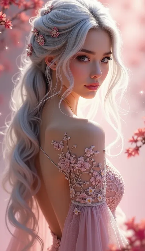 To generate an image similar to this one, you can describe it like this:

Prompt idea:
"A stunning fantasy-inspired woman with long, voluminous silver hair styled in an intricate ponytail with delicate hair accessories. She has large, expressive eyes and s...