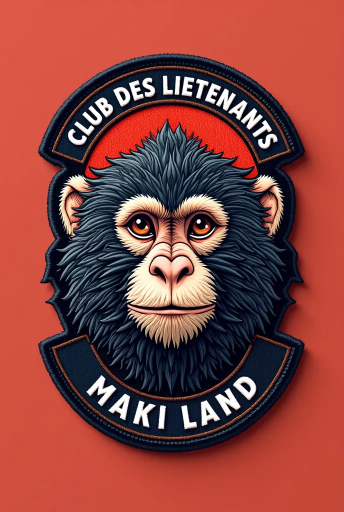 Génère un patch avec l'inscription "club des lieutenants" en haut et "Maki Land" en bas avec un visage de maki au centre