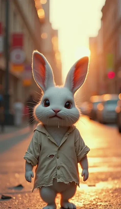 A highly detailed, ultra-realistic 4K digital painting of a small, white rabbit walking alone on a city street, wearing a tattered and dirty white shirt with visible holes and stains. The rabbit has a heartbreaking expression, with huge tears streaming dow...