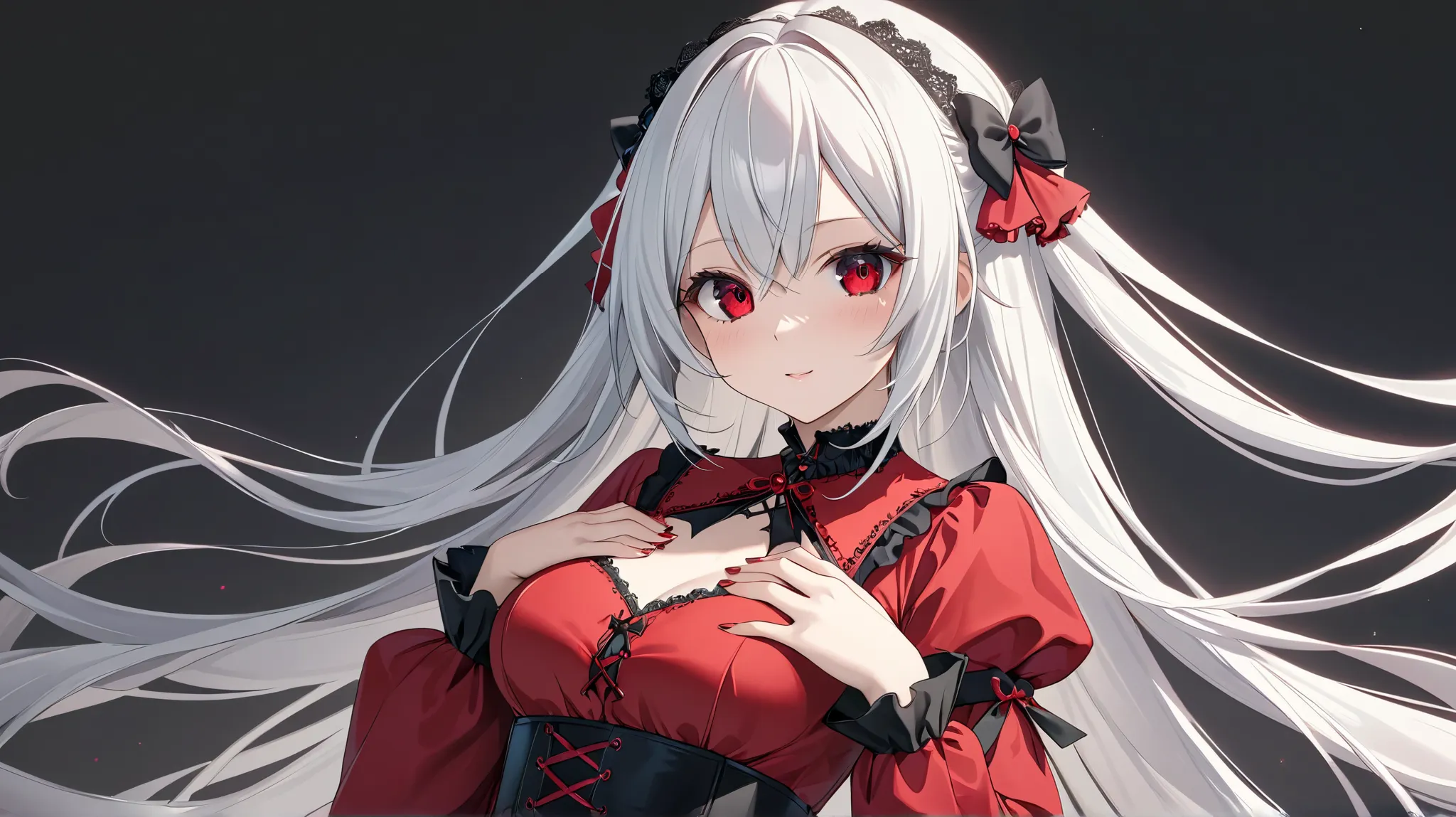 (Best Quality,  masterpiece,  super precise, Hi-Res), 8k,  Anatomically Accurate Body , Nightcore, red dress,  Gothic Maiden anime girl , White-haired goddess, beautiful charming anime woman, simple background,  face the front,  from the front, beautiful f...