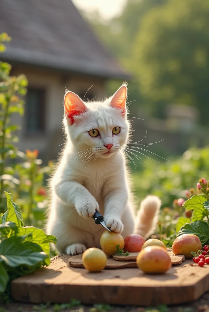 Un chaton tout blanc expressif, cute, debout sur ses pattes arrière, coupant soigneusement un chou frais sur une planche en bois avec un couteau de chef bien aiguisé. Son regard concentré et sérieux ajoute une touche de réalisme humoristique à la scène. So...