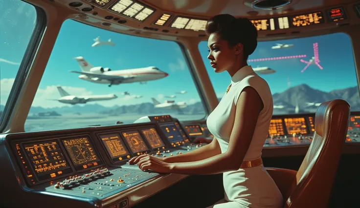 Inside a luxurious, retro-futuristic air traffic control center, a stylish airport worker in a form-fitting uniform monitors glowing holographic flight paths. The control panels are filled with elegant brass and chrome details, while outside, a sky full of...