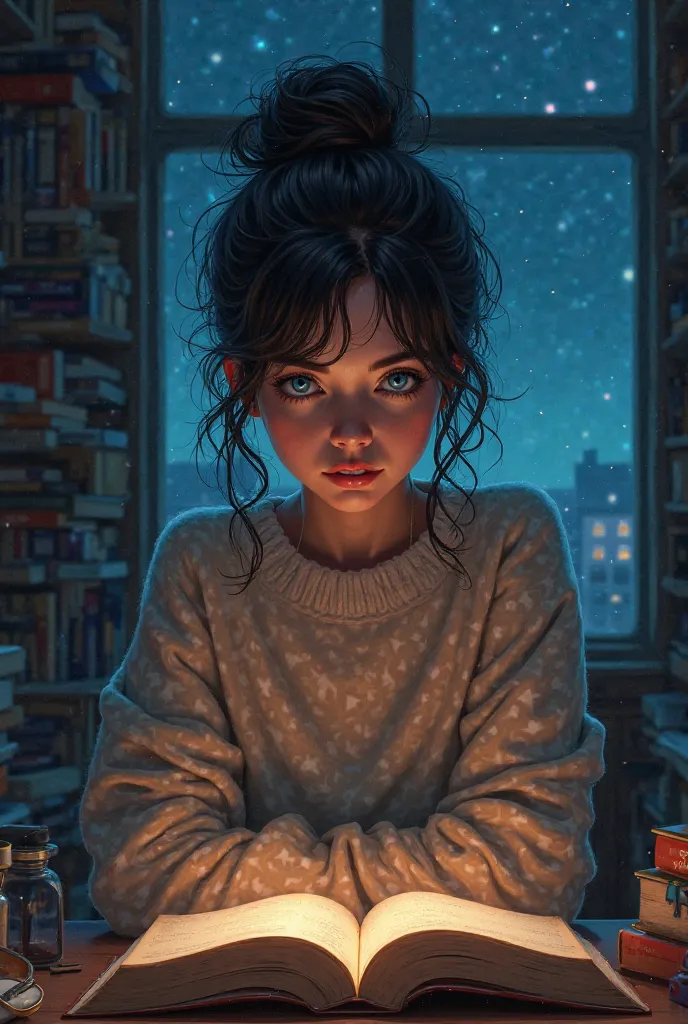 
"A highly detailed semi-realistic digital painting of a young woman with striking blue eyes and dark, messy hair in a loose bun, wearing a cozy oversized sweater. She is sitting in a dimly lit library at night, surrounded by books and a large window revea...