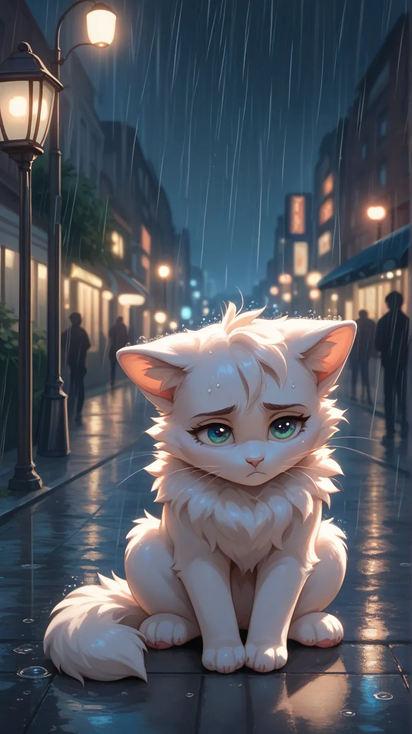  
"A small, fluffy white kitten sitting alone on a rainy street, looking sad but curious."
