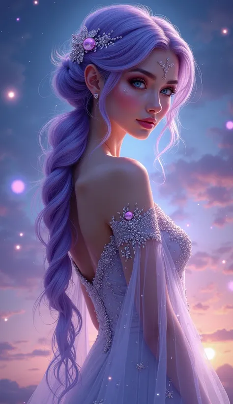 Here's another prompt idea in a similar fantasy style but with a unique twist:

Prompt idea:
"A mystical, fantasy-inspired woman with long, flowing lavender hair styled in a braided updo, adorned with shimmering crystal hairpieces. Her eyes are captivating...