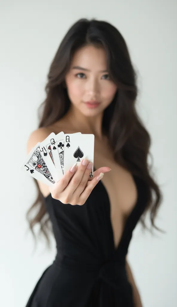 A beautiful Chinese beauty，Raise 3 playing cards with one hand，Wear a black evening dress，The background color is white， with long wavy hair， High Quality Picture ，