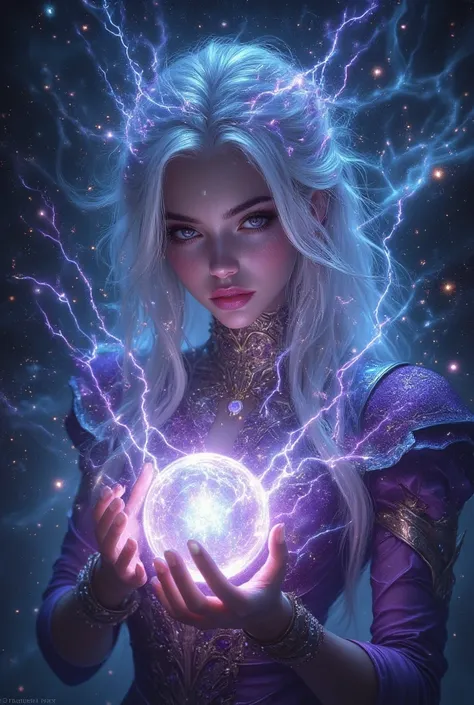 Lightning Spirit, Girl's AppearanceLightning Spirit, Girl&#39;s Appearance, White-haired beautiful girl,  cosmic background ,  sky full of stars, Lightning Light,  Mysterious Expressions , Spiritual Abilities, Sphere of Light in Hands, Dignified Appearance...