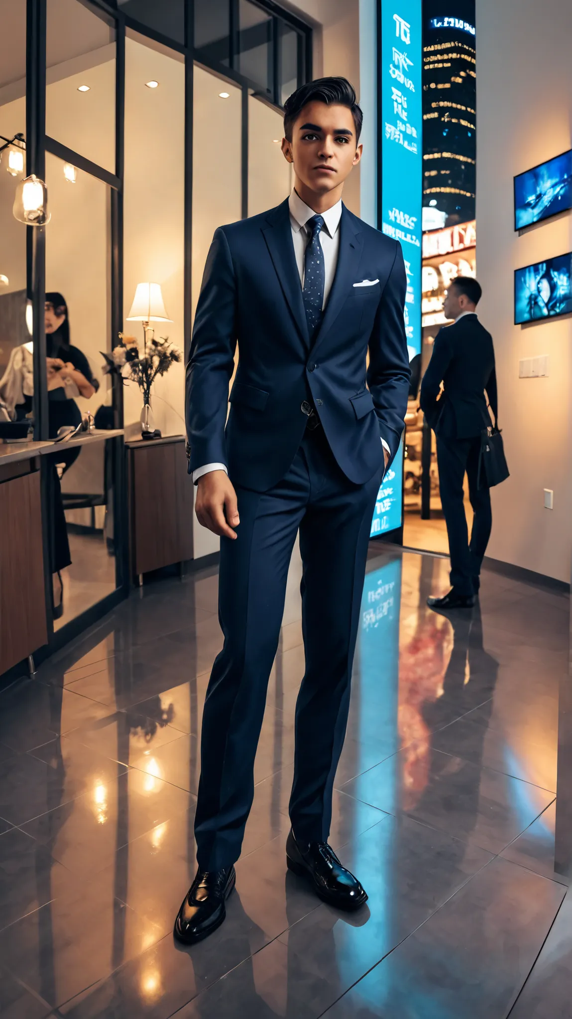 A well-dressed young Indonesian man is standing confidently in a futuristic room