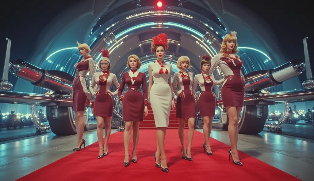 An elite group of retro-futuristic air hostesses stands on a red carpet leading to a shimmering private space jet. Their poised elegance, high heels, and polished uniforms give them an air of effortless glamour. In the background, neon city lights reflect ...