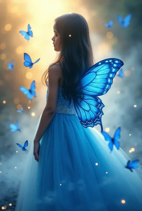 "A photorealistic, surreal, and award-winning portrait of a young, beautiful girl with long, flowing dark hair, wearing a shimmering blue dress with intricate butterfly patterns, her translucent blue butterfly wings glowing softly, standing gracefully amid...