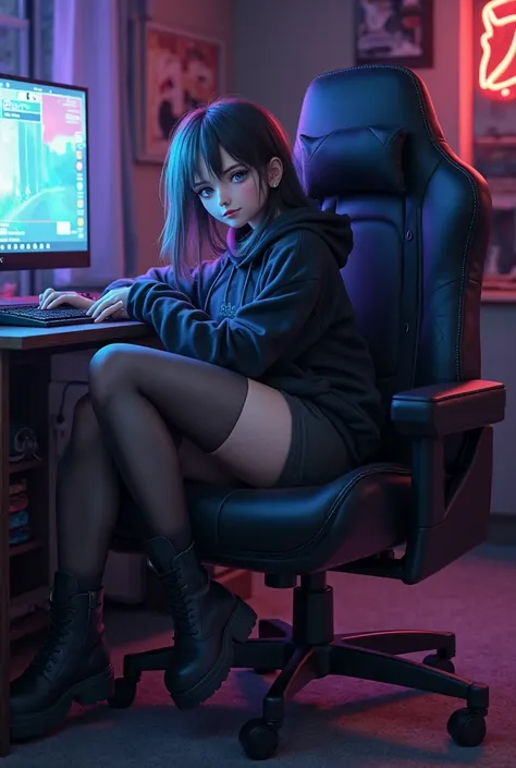 Stable_Yogis_PDXL_Positives
score_9, score_8_up, score_7_up, score_6_up, 1girl, solo, laying sideways on a gaming chair, legs together, looking away, blush, supermodel, attractive, eyes closed, blue eyes, goth/emo girl, luscious hair, thighhigh fishnets, h...