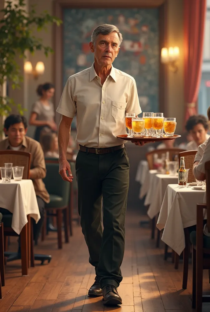 create a photo-realistic image of an mediocre looking European male busboy delivering drinks on a tray