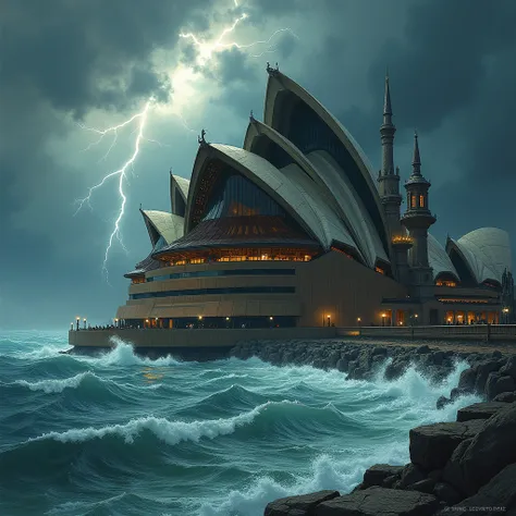 VintageSketch style, YFG-Asak, A digital illustration of a reimagining of an modern day architecture into a grimdark Gothic fantasy style. The main focus is 'The Sydney Opera House'. The building is decorated with Gothic theme decoration. The building give...