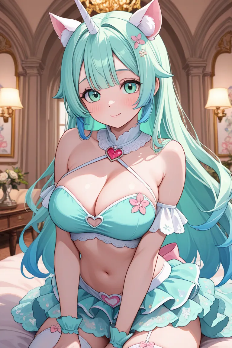 Unicorn humanoid female, hyperdetailed, 4k, 8k quality, ((Detailed background :1.5))lovingseaangel333, 1girl, super pretty, very detailed eyes, very detailed outfit, very detailed features, very detailed hair, pretty outfit, pink and blue hair, light green...