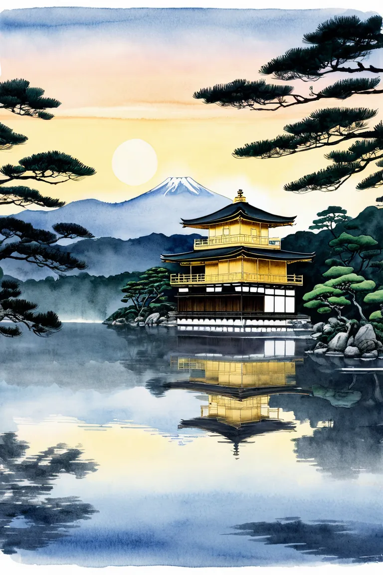  ink painting、There are pen sketches、Kyoto、evening、Kinkakuji Temple、creative illustration with night view