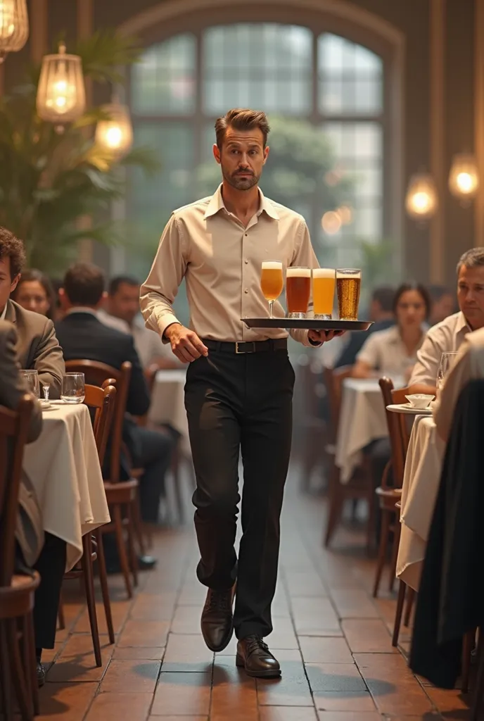 create a photo-realistic image of an mediocre looking European male busboy delivering drinks on a tray