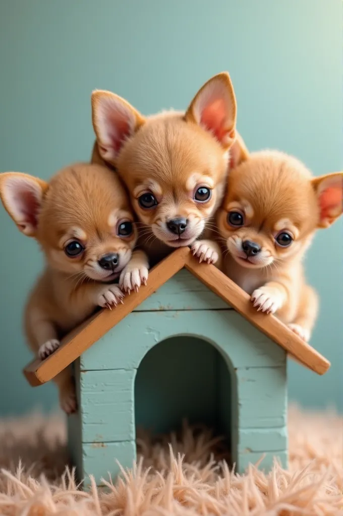 So many cute long coat chihuahua puppies、Overlapping on top of a small dog house for puppies