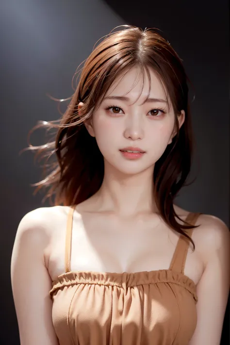 
akari mitani, 1girl ,smile,Asian,brown eyes,breasts,brown hair,lips,long hair,looking at viewer,sundress,realistic,Alone,upper body ((black background, simple background)),masterpiece, 最high quality, high quality, 