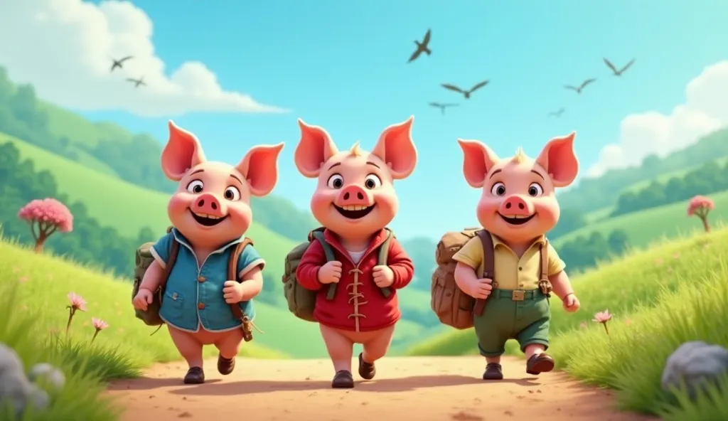 Prompt: "The three little pigs, now slightly older, walking down a dirt path carrying small sacks of belongings on their backs. Each pig is dressed in simple traveling clothes—one in a blue vest, one in a red jacket, and one in green suspenders. The backgr...