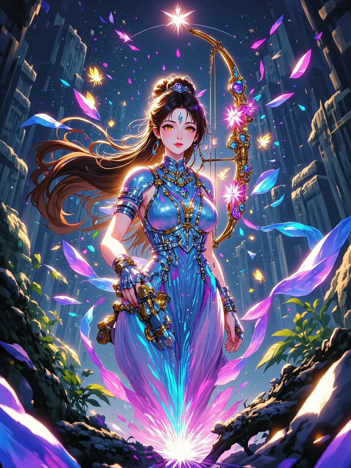 (Anime Vector Style, Galloping Shot), In an iridescent magical forest, a female centaur warrior charges in mid-stride (dynamic emphasis: forelegs lifted 45°, hind legs kicking up luminescent spores, torso twisted 180° for over-the-shoulder aiming, energy r...