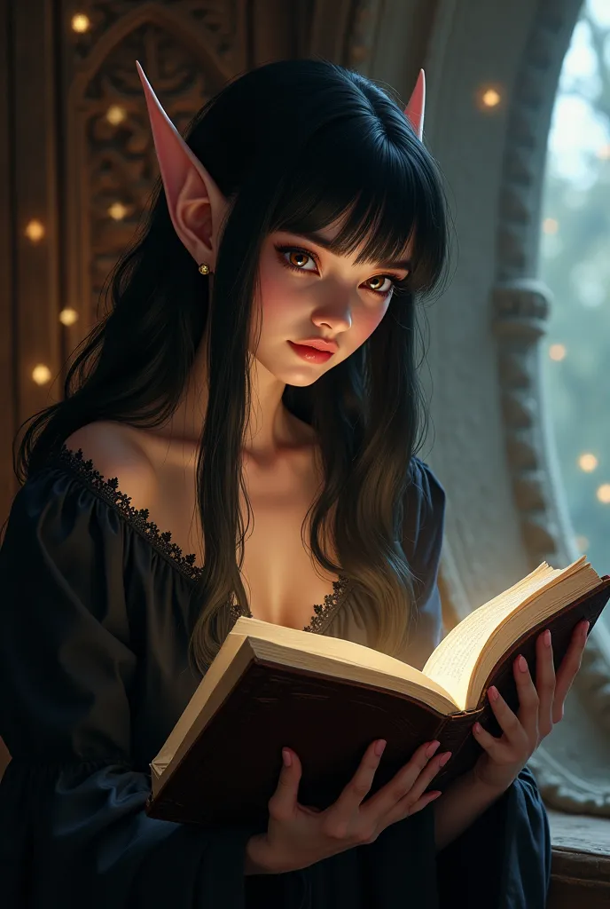 Character from League of Legends. She is an elvish looking woman with captivating features. She has clear, luminous skin, with a slight blush on her cheeks.  Her eyes are expressive , with a light and intense shade, framed by long eyelashes and a sharp out...