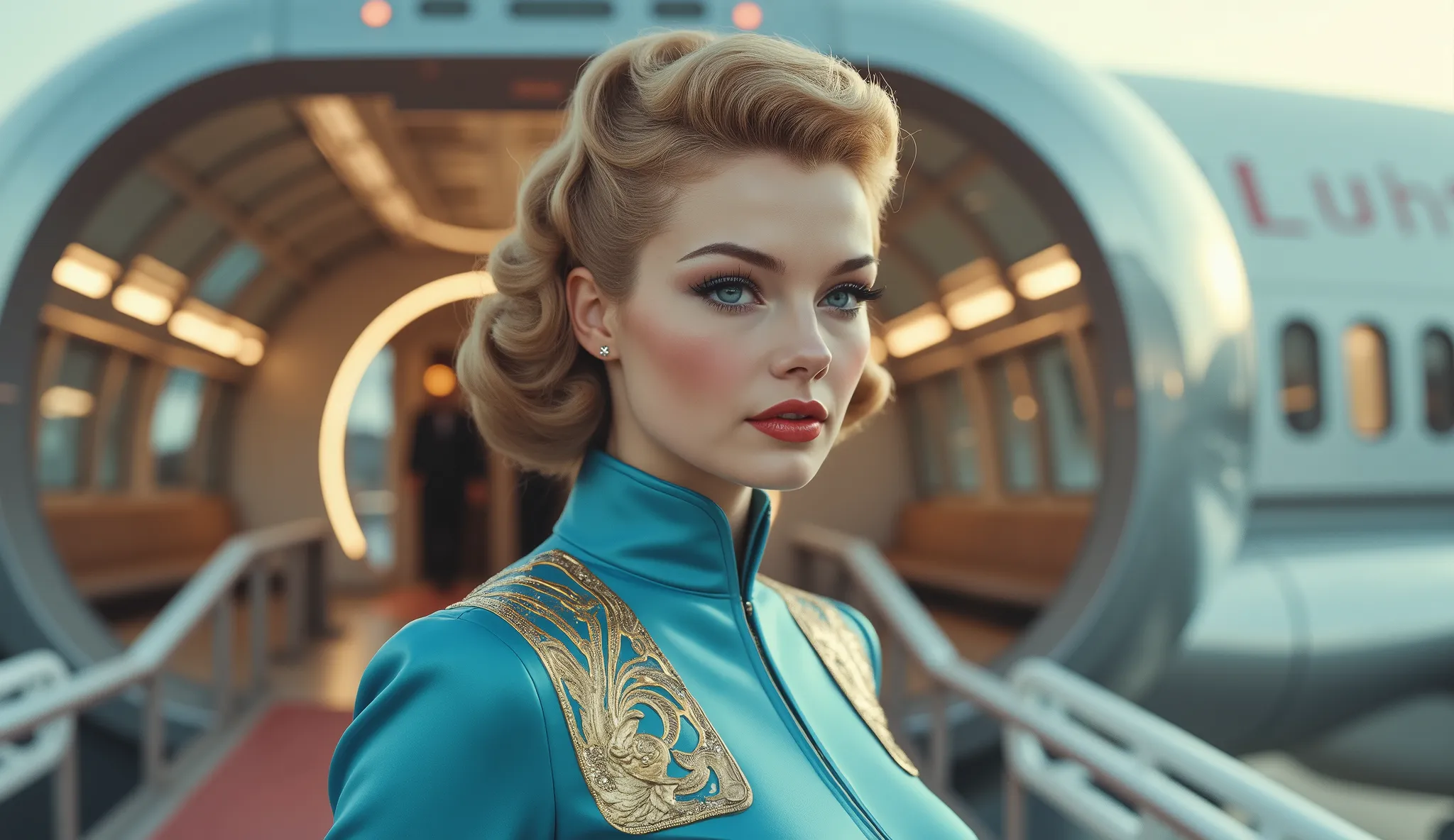 A stunning retro-futuristic stewardess in a sleek metallic-blue uniform with golden accents stands at the entrance of a luxurious spaceplane. Her perfectly styled curls, red lipstick, and confident pose make her look like a 1950s Hollywood icon. Behind her...