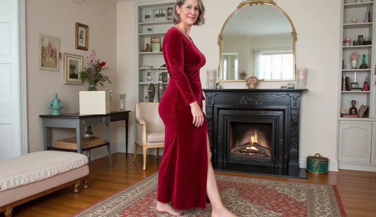 Mature woman, seventy years old, short gray hair, large breasts, thin waist, flat belly, slim, very wide hips, large buttocks, wearing a red velvet dress with a slit in the leg, inside a luxurious room, the character is facing the camera, bare feet on the ...