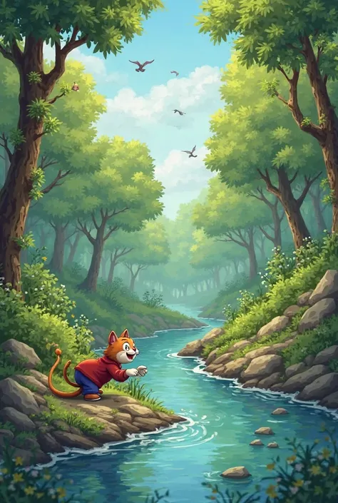 A lush green forest with tall trees, a clear blue river flowing gently, and birds chirping. In the foreground, a clever-looking cat (Felix) and a brave rabbit (Ruby) are happily playing together near the riverbank.