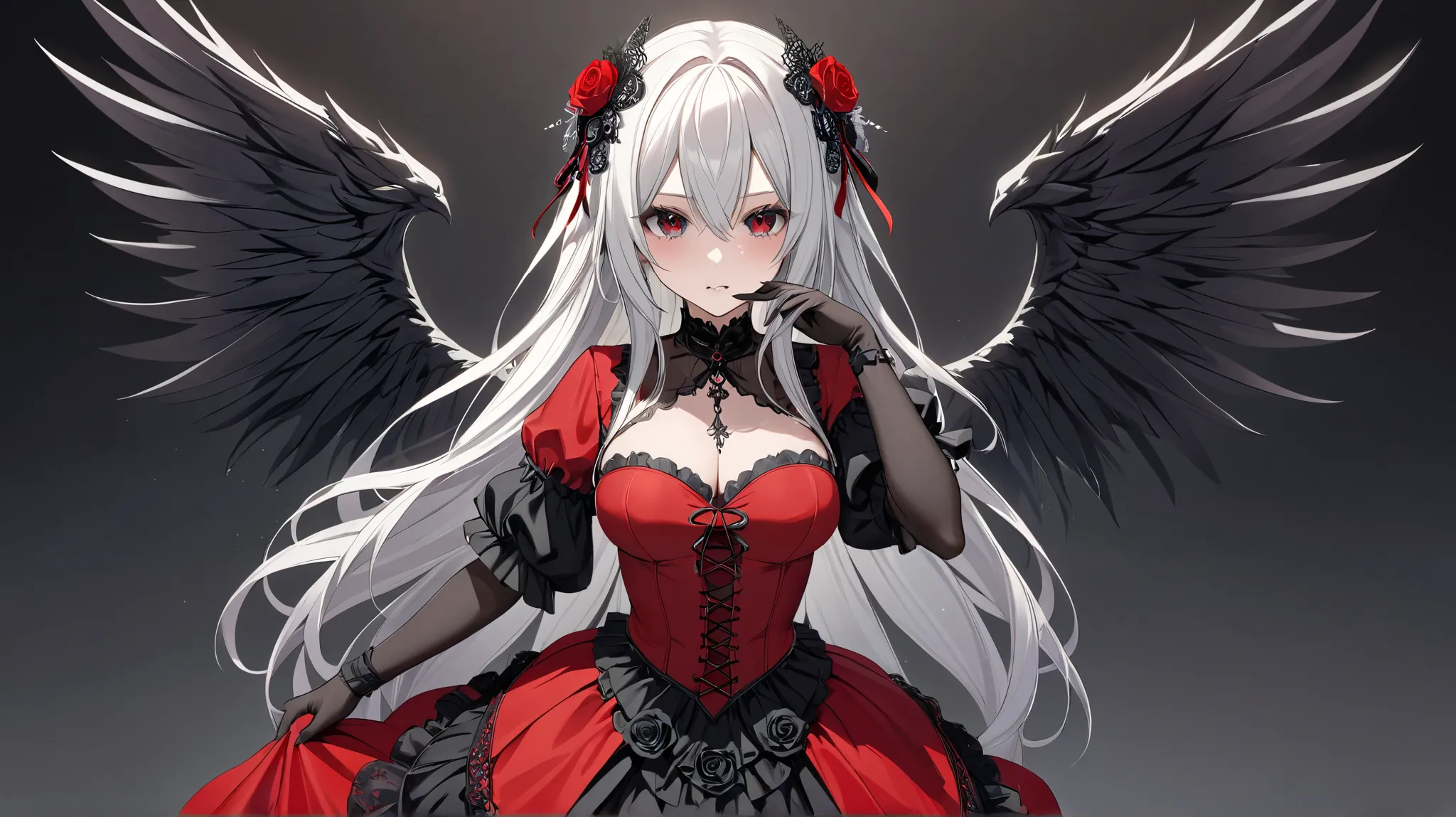 (Best Quality,  masterpiece,  super precise, Hi-Res), 8k,  Anatomically Accurate Body , Nightcore, red dress,  Gothic Maiden anime girl , White-haired goddess, beautiful charming anime woman, simple background,  face the front,  from the front, beautiful f...