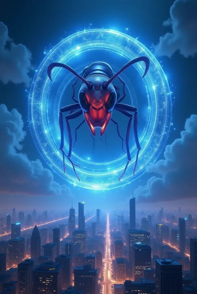 ultra realism, hyper realistic, very aesthetic, intricate details, complex design, amazing quality, masterpiece, a giant blue dimensional portal in the sky, the shape of the portal is round, blue light emitting, above the city, a gigantic red ant head is c...