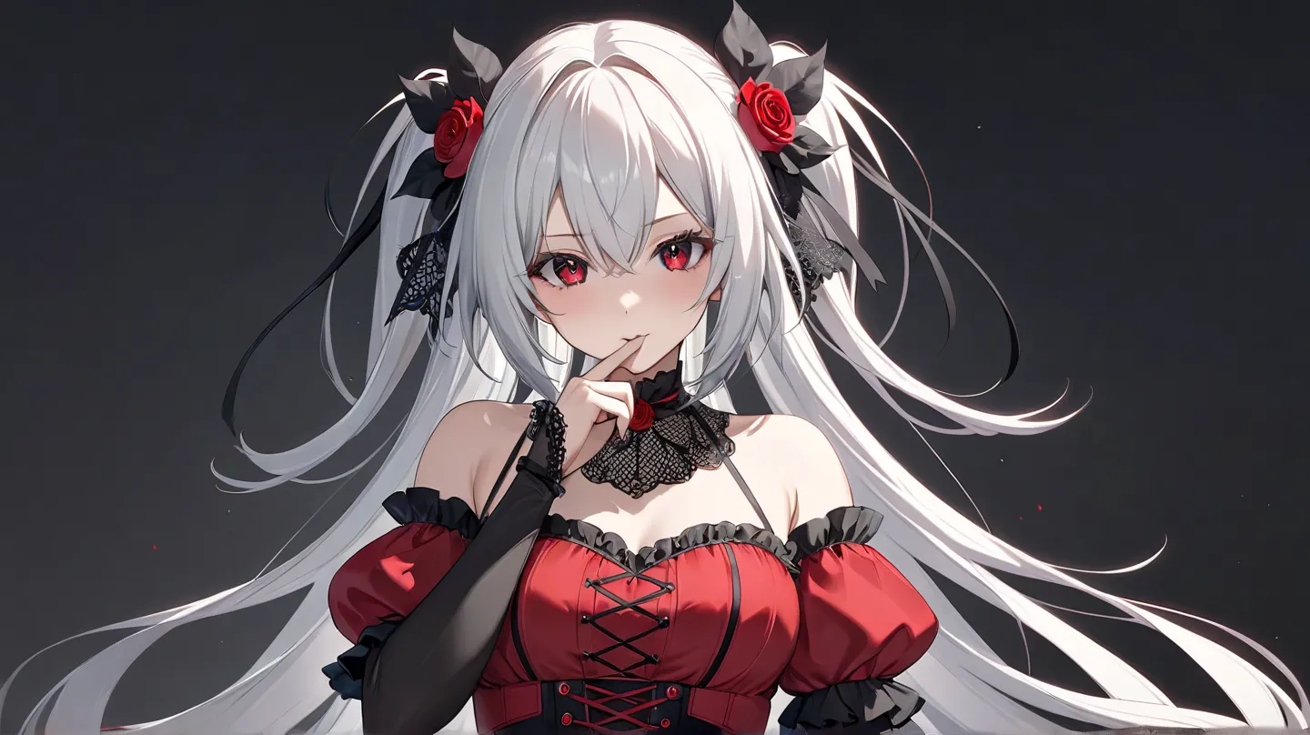 (Best Quality,  masterpiece,  super precise, Hi-Res), 8k,  Anatomically Accurate Body , Nightcore, red dress,  Gothic Maiden anime girl , White-haired goddess, beautiful charming anime woman, simple background,  face the front,  from the front, beautiful f...