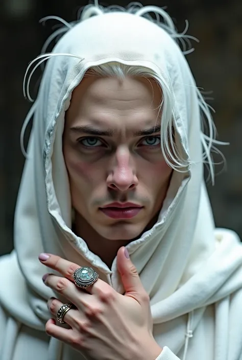 young Intersex ancient witj serious face without ears and sharp nose and jaw with a white cowl that only his nose and mouth visible standing his long white hair visible with sharp jawline and jewelry rings on his fingers 