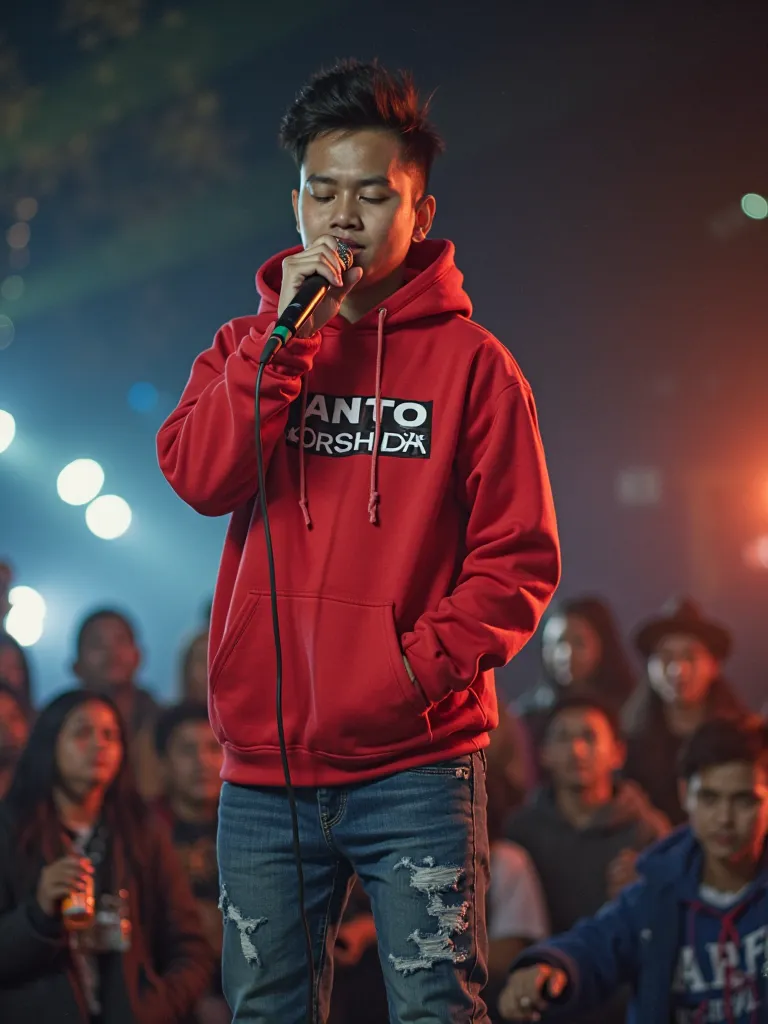 Seorang prIa muda tampan IndonesIa, rambut spIky sangat pendek, nengenakan hoodIe warna merah tertulIs "ANTO ORSHIDA ", celana jeans bIru , sepatu putIh, face smiling mouth closed, face facing the camera, sedang berdIrI tangan memegang alat musIk gItar eke...