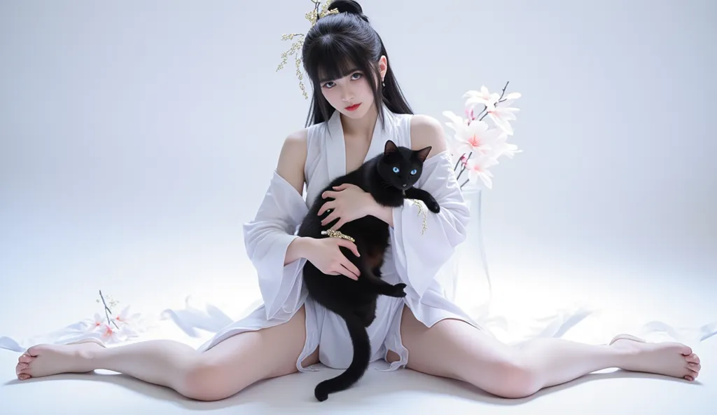 High-legged Japanese woman sits with legs spread and holds a blue-eyed black cat