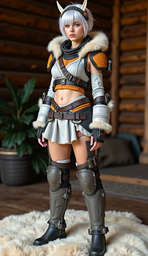 A young woman in stylized, surrealistic hunter's clothing stands on a light beige fur rug. Her posture and expression are confident and alert. The outfit is a mix of light gray, white, dark gray and black with orange accents, fur trim and protective armor....