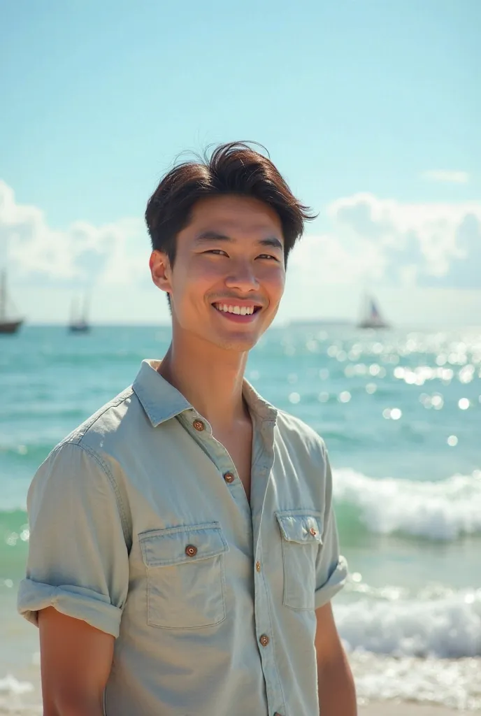 Young asian man smiling with sea view