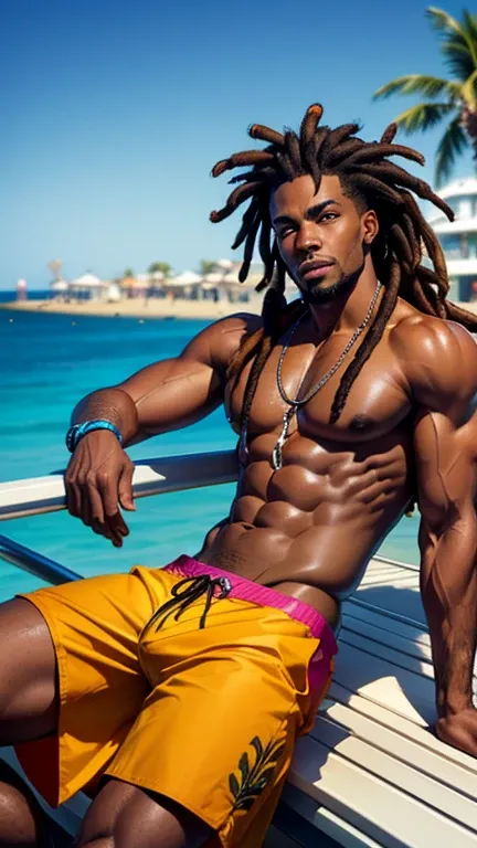 photorealistic artwork. Show a muscular black man with colorful dreads, clad in stylish swimming trunks. The background features an ocean pier with sunlight reflecting on the water, creating a lively beach atmosphere filled with energy and warmth.     lean...